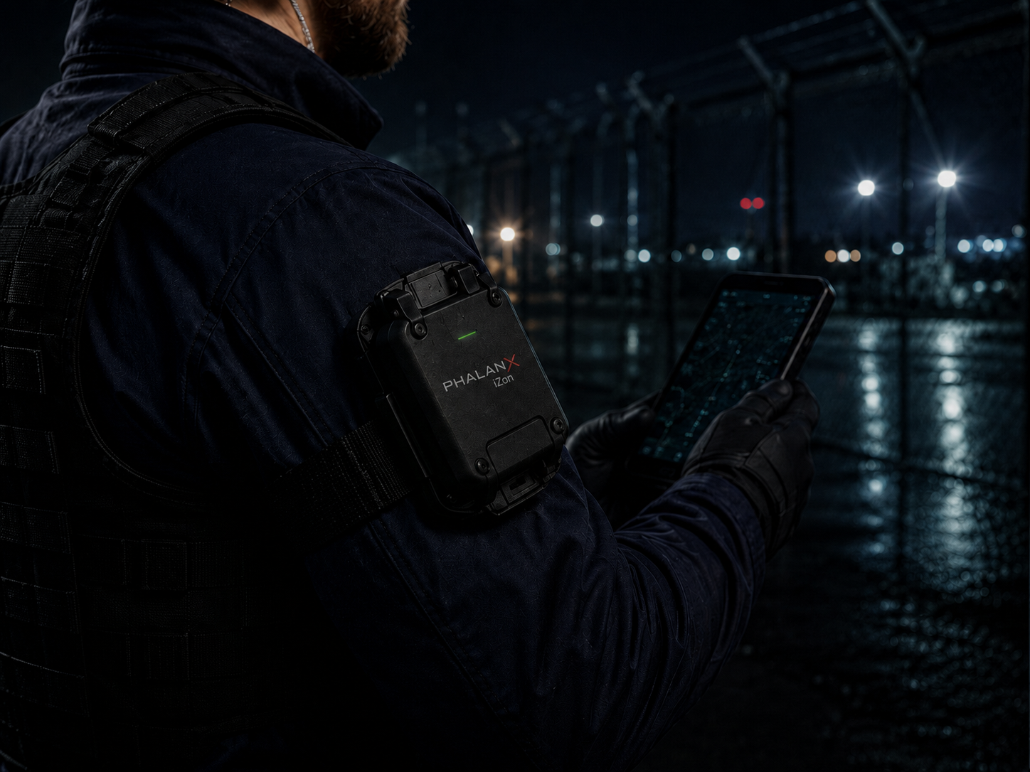 Operator wearing the PHALANX iZon Mobile Observer Kit on a tactical vest while reviewing a tablet at a port perimeter at night