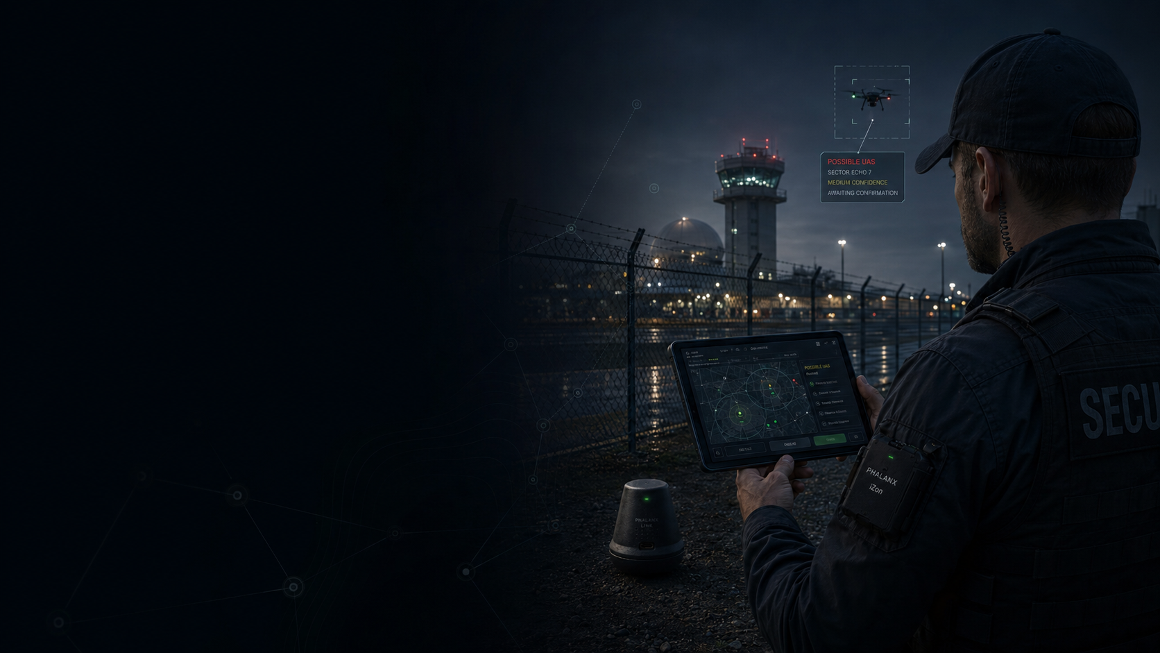 Security operator with PHALANX iZon tablet and sensor at critical infrastructure perimeter at night