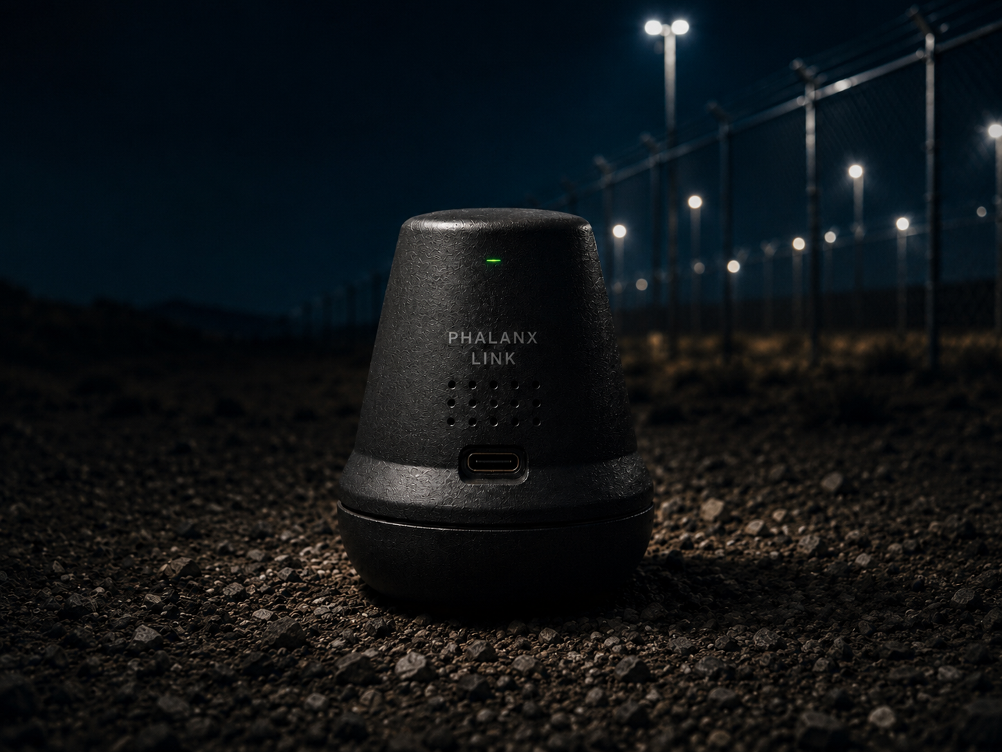 PHALANX Link passive sensor deployed at a perimeter fence at night