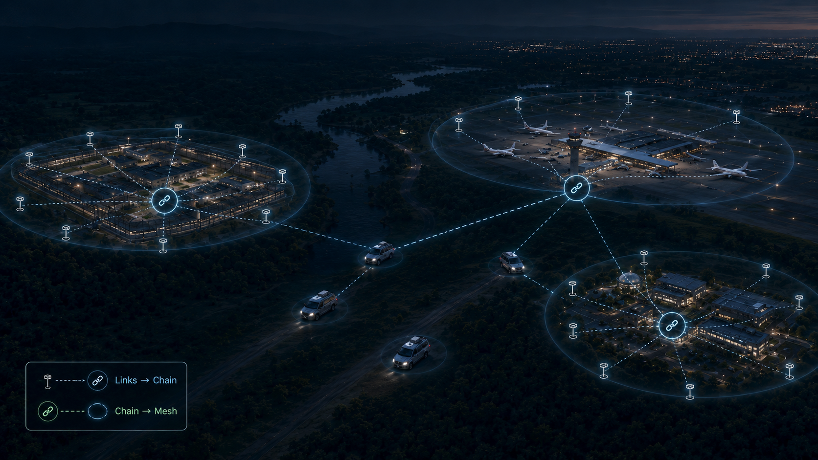 Policy-controlled mesh connecting multiple protected infrastructure sites through local PHALANX iZon Chains